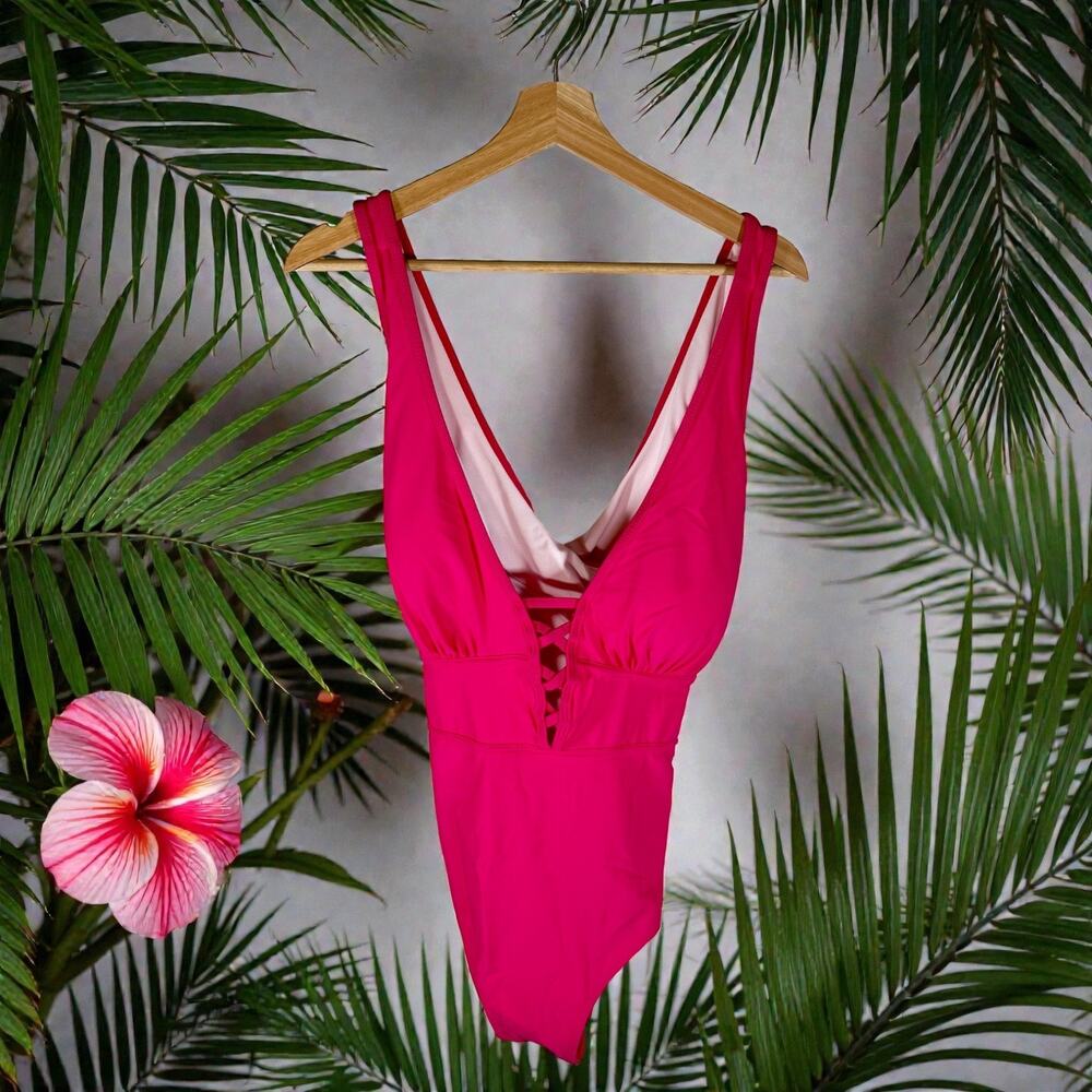 FlatterMe NWT Women's XXL Hot Pink Faux Lacing and Faux Wrap One Piece Swimsuit